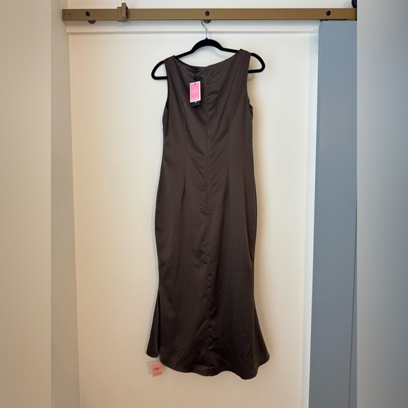 NWT PrettyLittleThings Chocolate Brown Boat Neck Satin Fishtail Midi Dress-US 6 - Picture 6 of 14